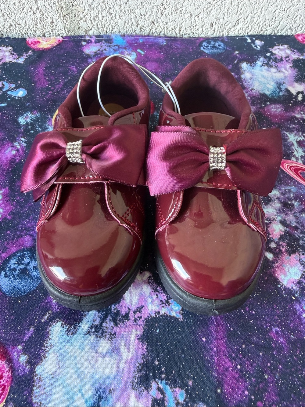 Girls' Burgundy Patent Dress Shoes with Satin Bow Accent